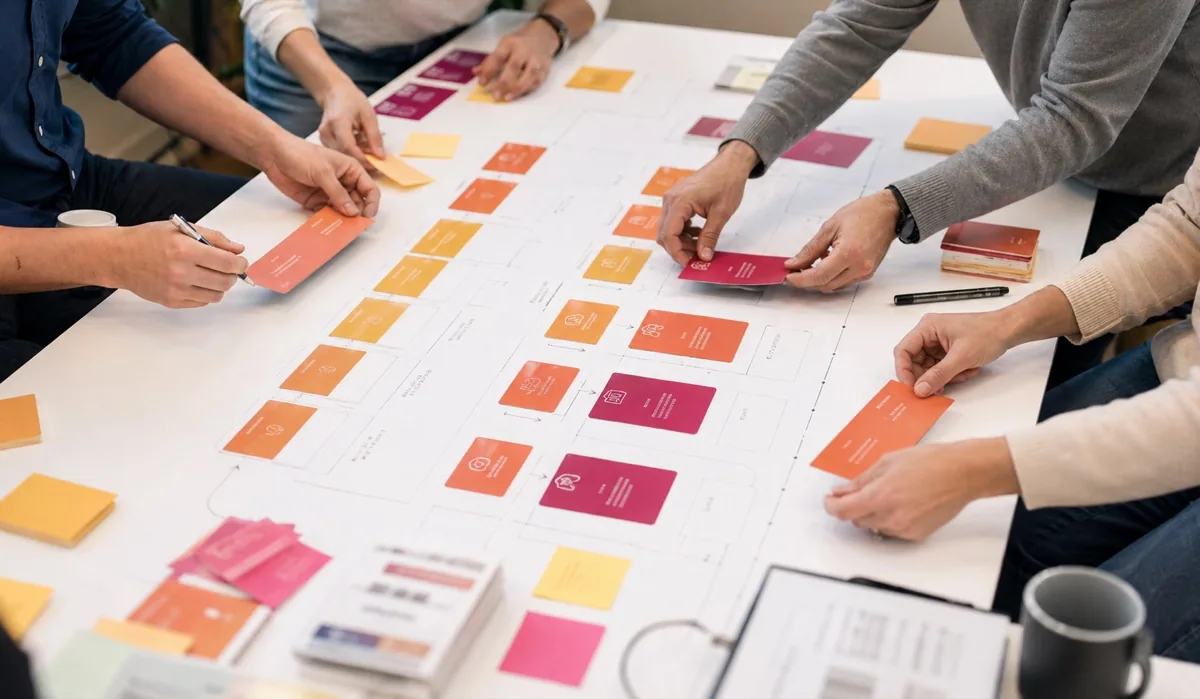 Colored cards arranged on a table around a workflow